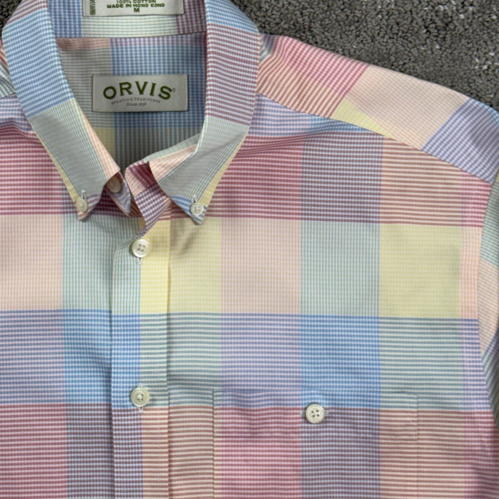 Vintage 90s Orvis Mens M Pastel Plaid Cotton Shirt Made Hong Kong Preppy